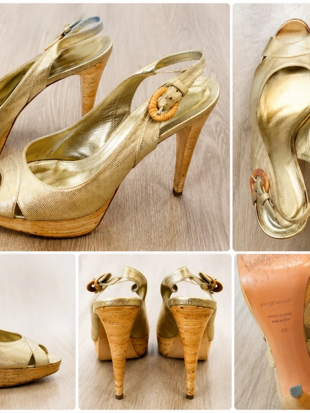 Sergio Rossi Metallic Gold Peep-Toe Platform Slingbacks
